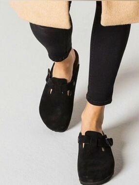 Birkenstock Black Suede Slip-On Clog Mules - Boston Soft Footbed